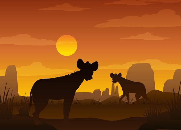 Silhouette savanna forest with wild animals