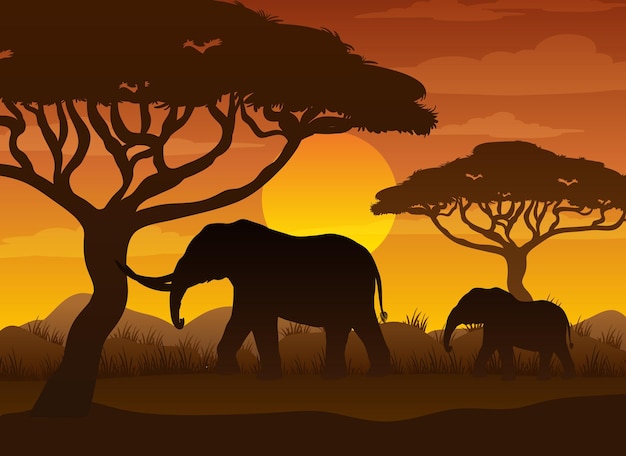 Free Vector silhouette savanna forest with wild animals