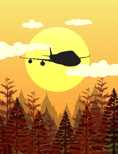 Free Vector silhouette scene with airplane flying over pine forest