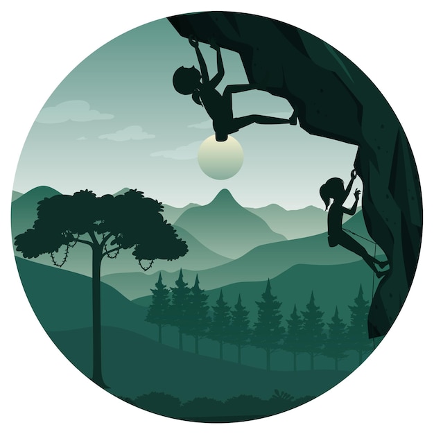 Silhouette scene with girl climbing rock