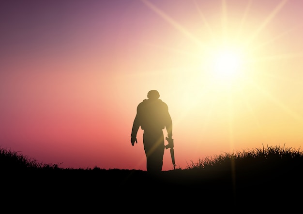 Silhouette of a soldier at sunset