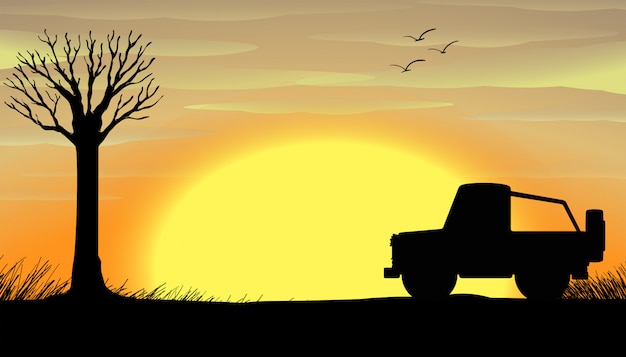 Silhouette sunset scene with a truck