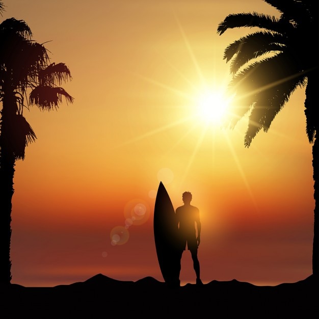 Silhouette of a surfer in a tropical landscape