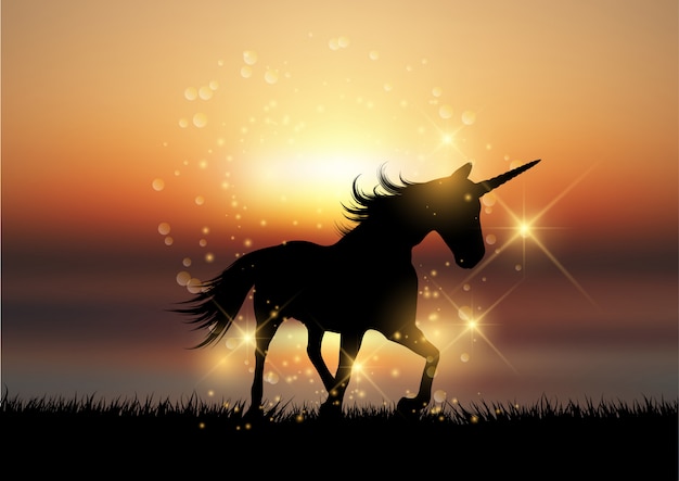 Free Vector silhouette of a unicorn in a sunset landscape