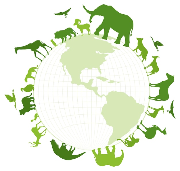 Free Vector silhouette wild animals around earh planet