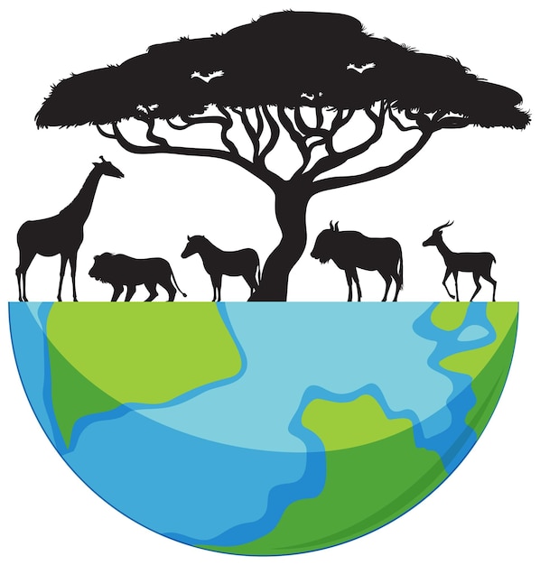 Free Vector silhouette wild animals with half of earth vector