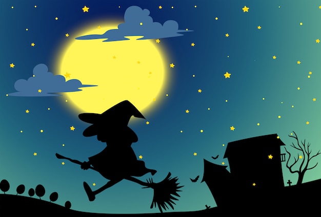 Free vector silhouette witch flying on broom at night