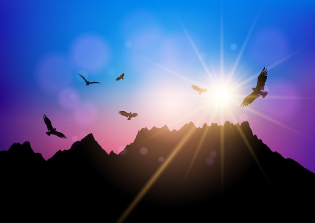 Free vector silhouettes of birds flying against sunset sky