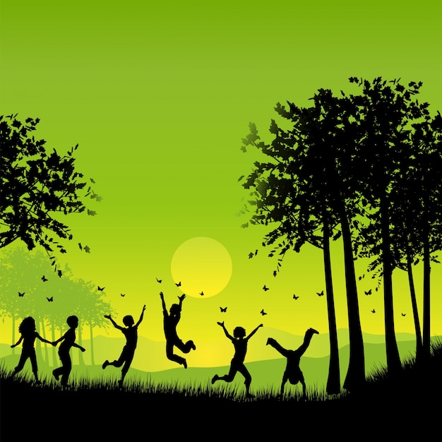 Free Vector silhouettes of children playing outside chasing butterflies