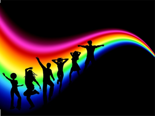 Free Vector silhouettes of funky people dancing on rainbow