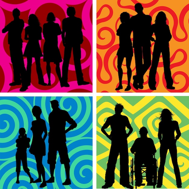 Silhouettes of groups of people on abstract backgrounds