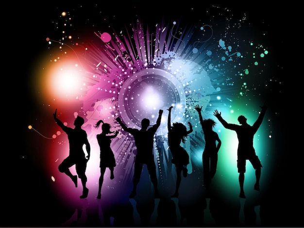 Free vector silhouettes of people dancing on a colourful grunge background