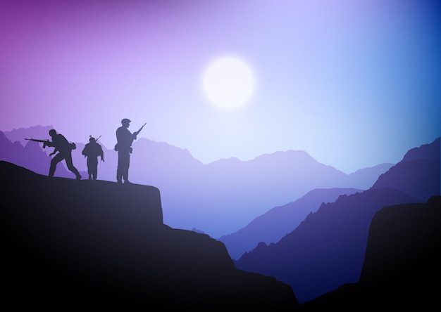 Free Vector silhouettes of soldiers in a purple sunset landscape