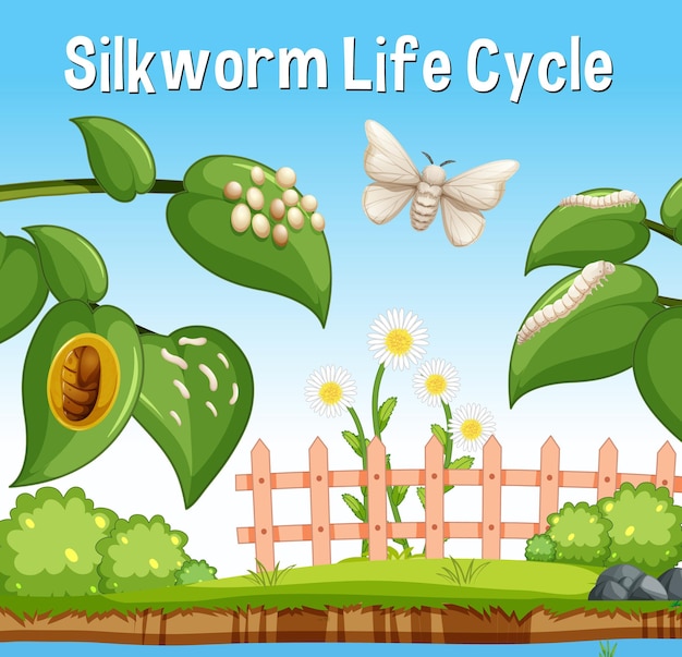 Silkworm  Life Cycle font in garden scene