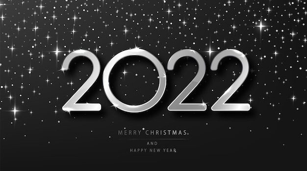 Silver 2022 Christmas and Happy New Year. Holiday vector illustration with silver metallic numbers 2022 and festive glitter black glittering background