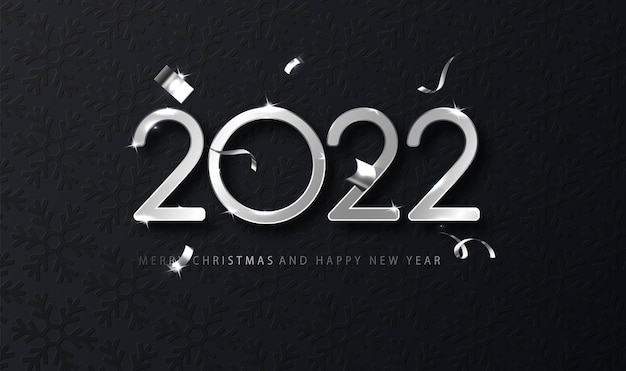 Silver 2022 Happy New Year with falling confetti on dark background. Holyday template for design card, banner