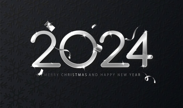 Silver 2024 Happy New Year theme Festive design features cascading confetti against a dark background ideal template for crafting cards and banners that capture the essence of holiday season