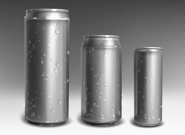 Silver aluminum cans with water drops in realistic style