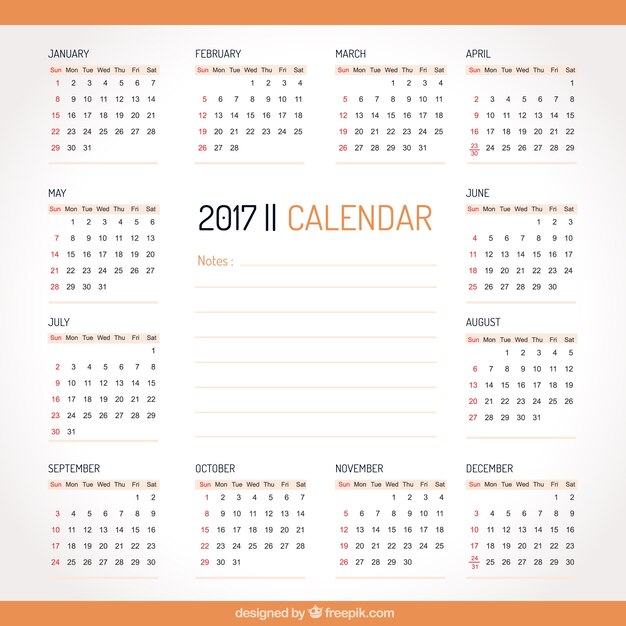 Simple 2017 calendar with orange details