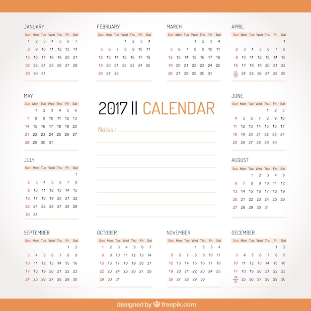 Simple 2017 calendar with orange details