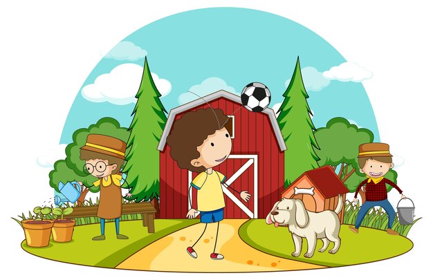 A simple barn with kids in nature background