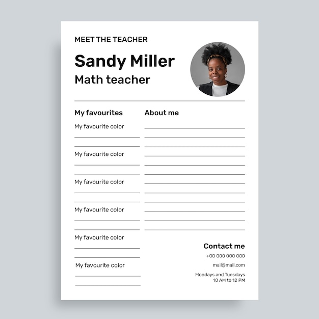 Simple black and white meet the teacher worksheet