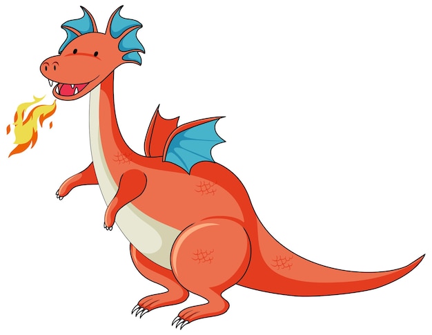 Simple cartoon character of dragon with breathing fire isolated