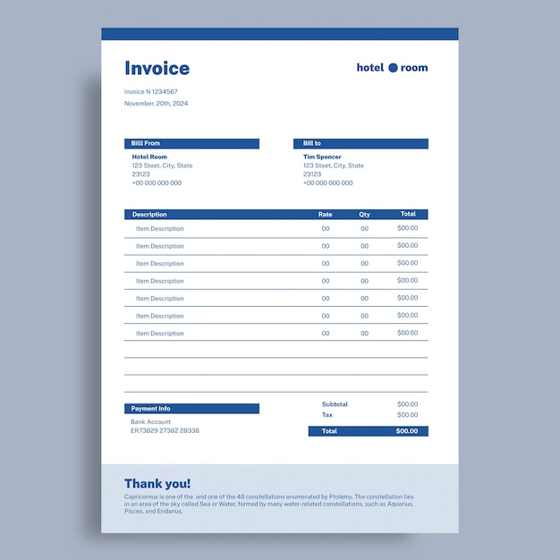 Simple hotel room invoice