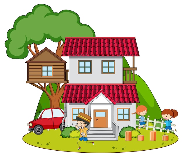 A simple house with kids in nature background