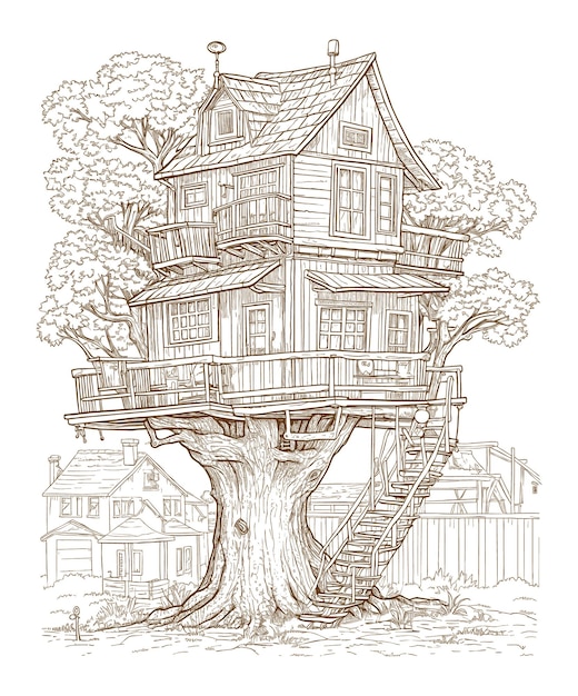 Free vector simple line treehouse architecture style illustration