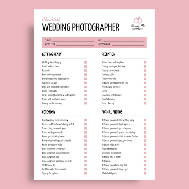 Simple marry me wedding photographer checklist template