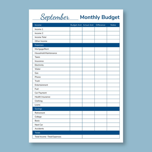 Simple monthly budget planner template