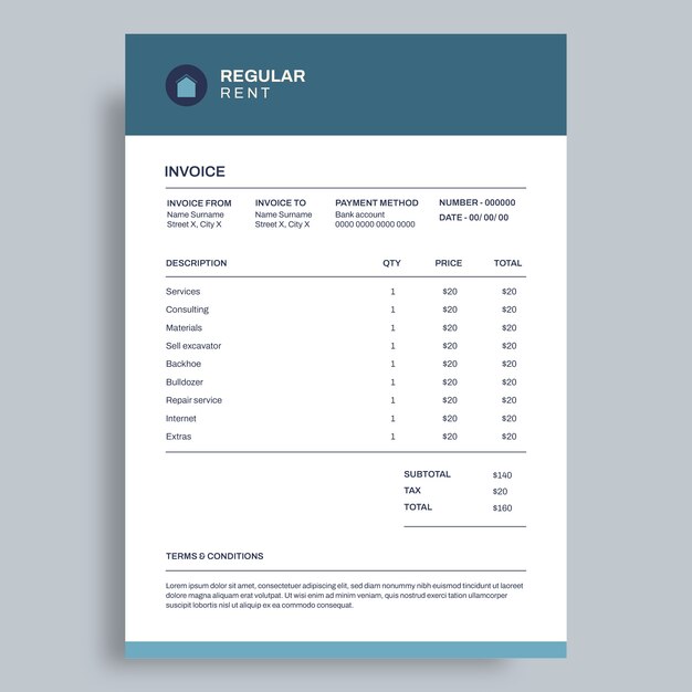 Simple regular rent invoice template