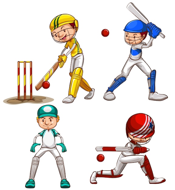 Simple sketches of men playing cricket