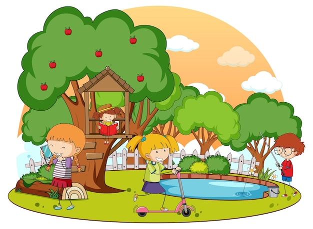 A simple tree house with kids in nature background