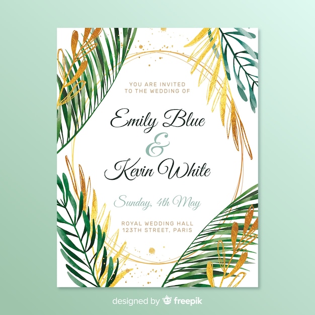 Simple wedding invitation with frame leaves