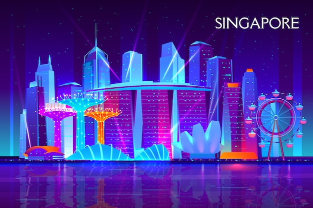 Singapore city night skyline cartoon 