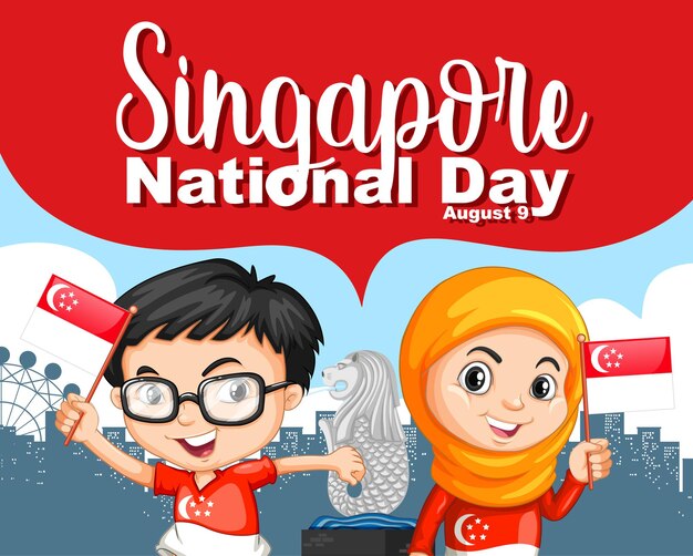 Singapore National Day banner with children hold Singapore flag cartoon character