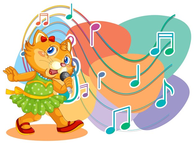 Singer cat cartoon with music melody symbols