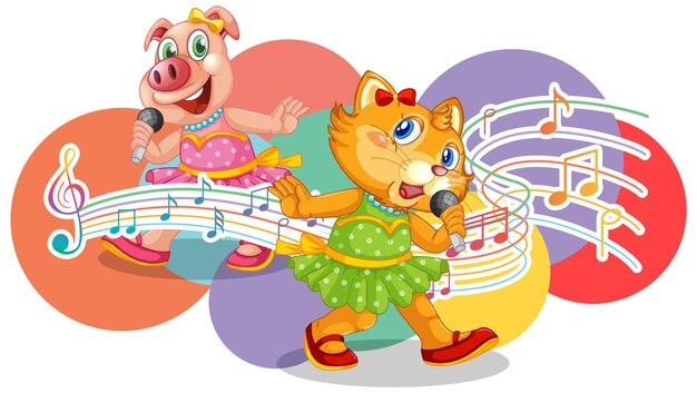 Singer cat and pig cartoon with music melody symbols