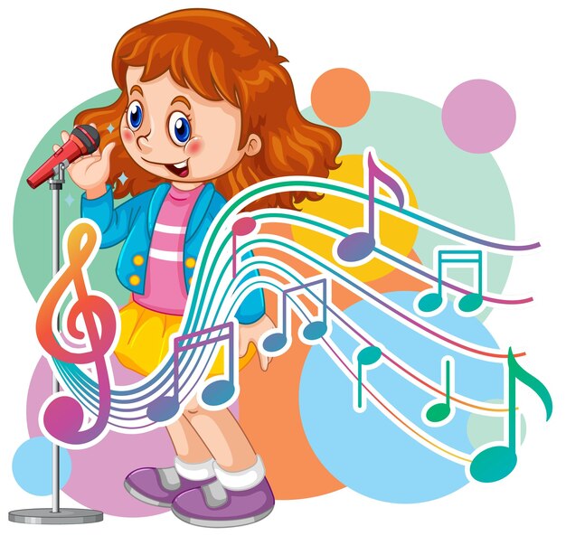 Singer girl cartoon with music melody symbols