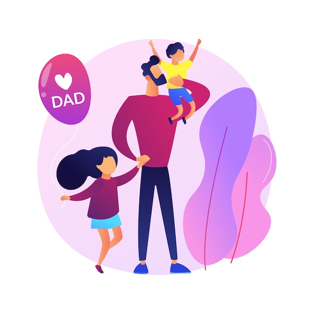 Single father abstract concept   illustration. Single-parent family, fatherhood, happy kid, son and daughter, man feeding carrying baby, help in study, good dad