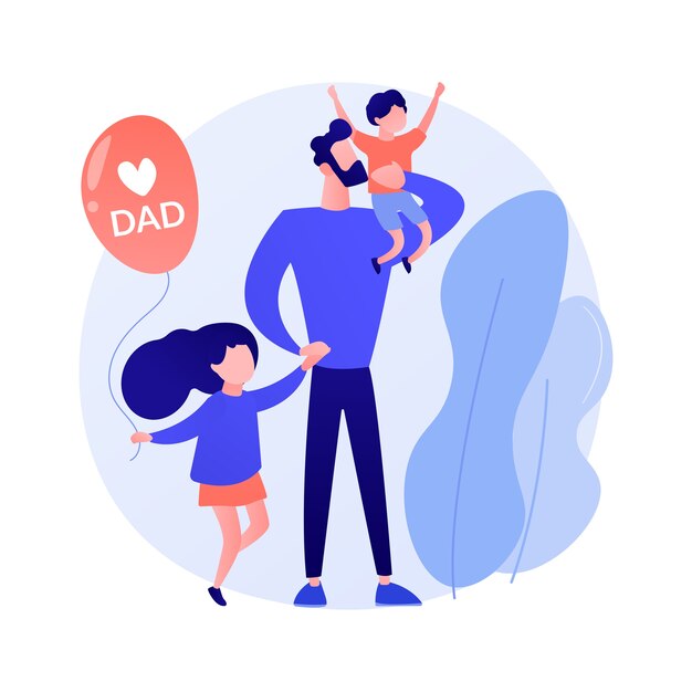 Single fathers abstract concept vector illustration. Single-parent family, fatherhood, happy kid, son and doughter, man feeding carrying baby, help in study, good dad abstract metaphor.