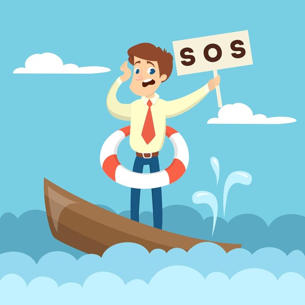 Sinking business boat Man on boat with sos sign