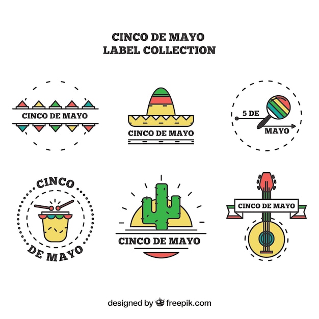 Free vector six cinco de mayo labels with flat elements