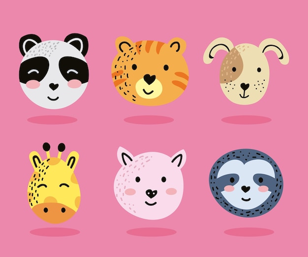 Six cute animals heads