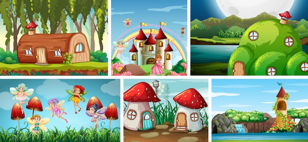 Six different scene of fantasy world with fairies in fairy tale and fantasy places