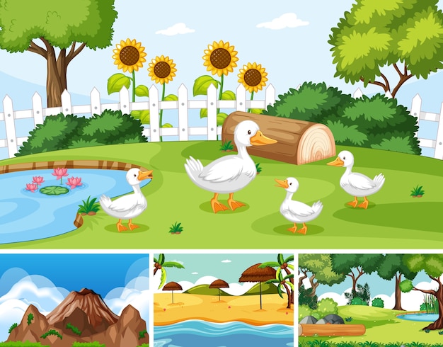 Six different scenes in nature setting cartoon style