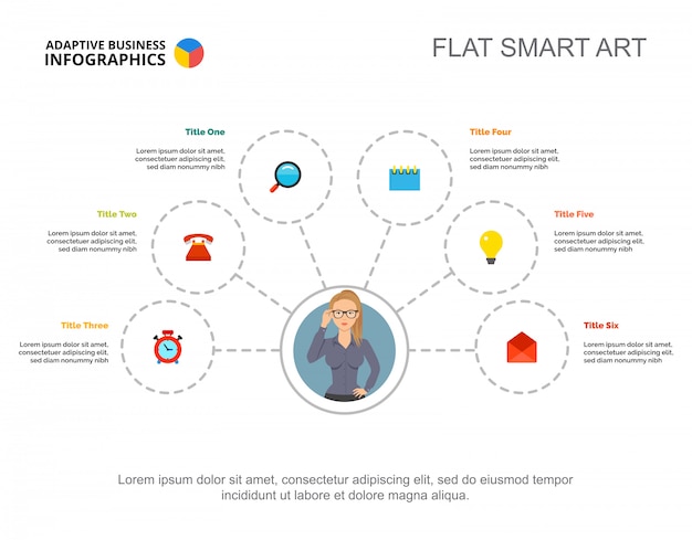 Six elements flowchart template for presentation. Business data visualization. 