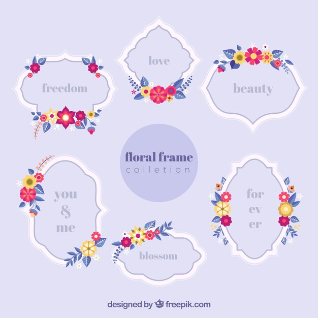 Six floral frames on a purple background